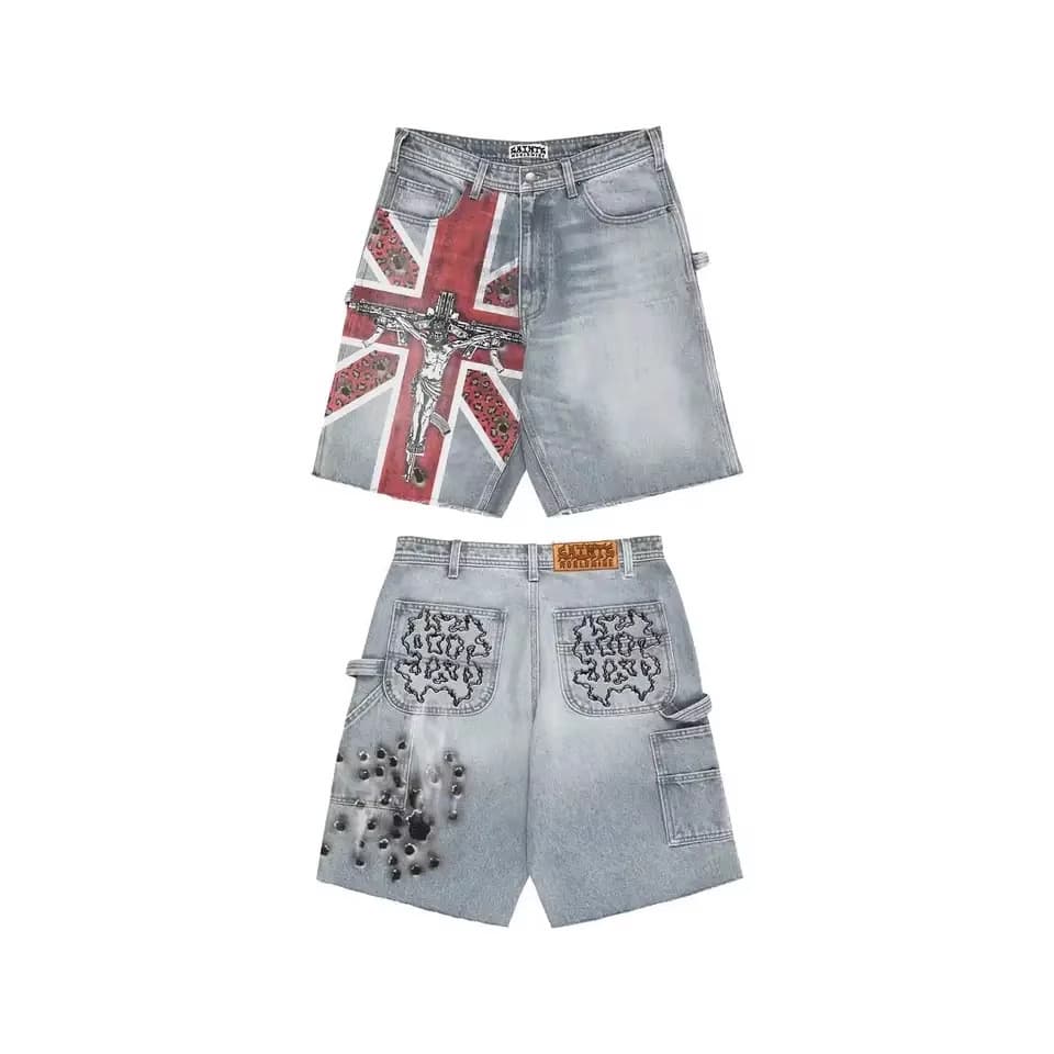 [Novo produto] Calça jeans lavada com estampa de rua, calça média masculina, Shorts jeans desgastados de rua [venda quen