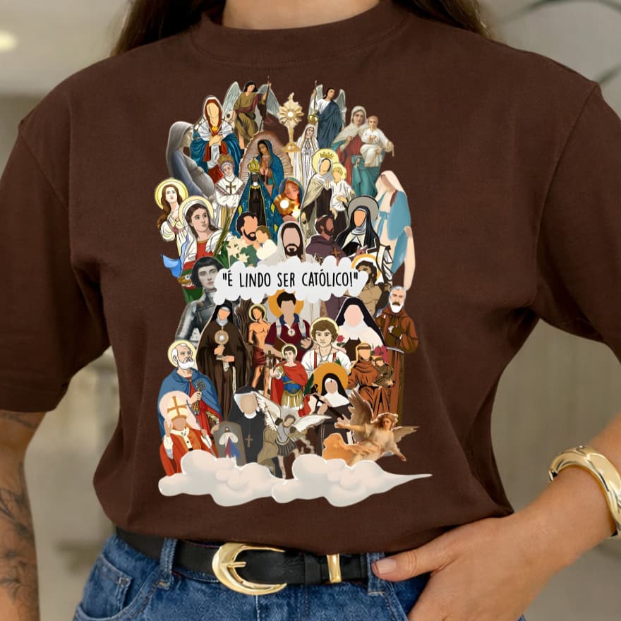 Camiseta Moda Cristã Católica “É Lindo Ser Católico” Unissex Estampa Religiosa Igreja Santos 100% Algodão Premium