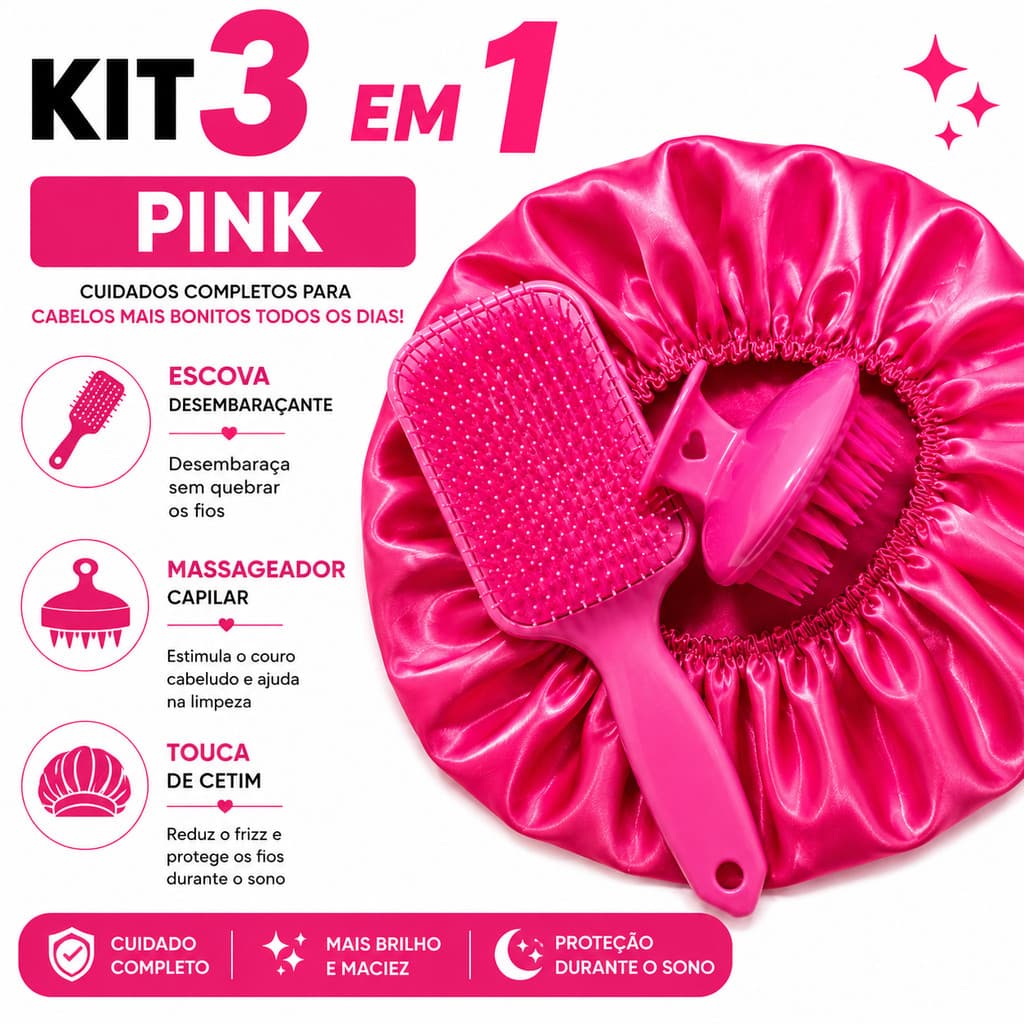 Kit Salão de Beleza Pink Escova Desembaraçante Touca de Cetim Antifrizz Massageador Capilar