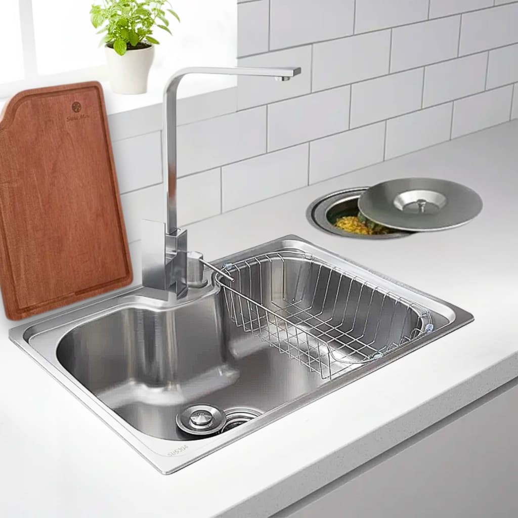 CUBA 60X42 INOX ESCOVADO + TORNEIRA ESCOVADA TÁBUA E LIXEIRA