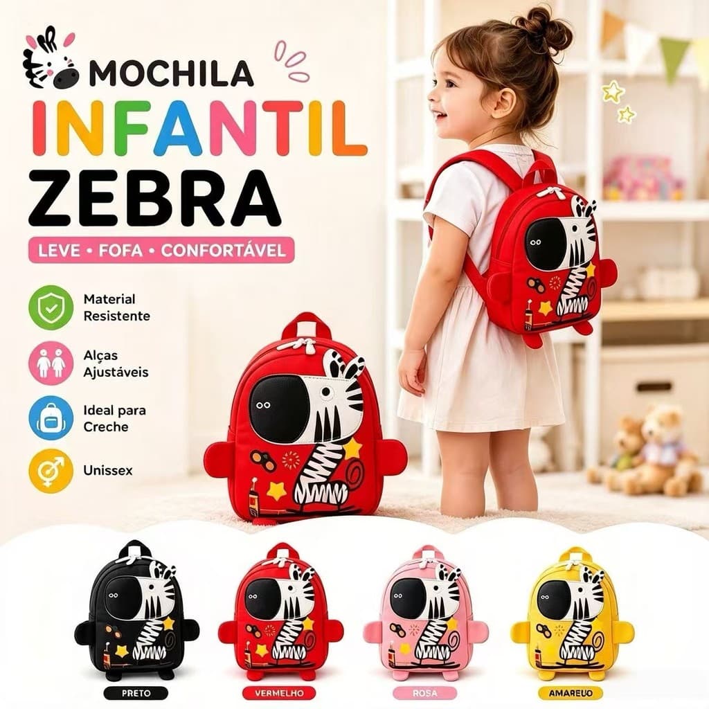 Mochila Infantil Zebra Unissex Escolar Creche Passeio Leve Fofa Menino Menina