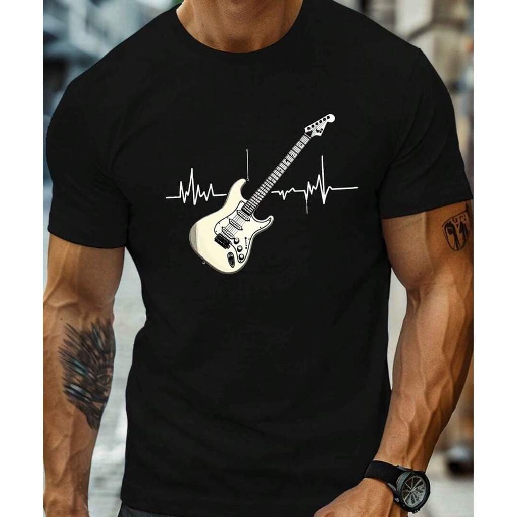 Camiseta masculina com estampa de batimento cardíaco em guitarra elétrica