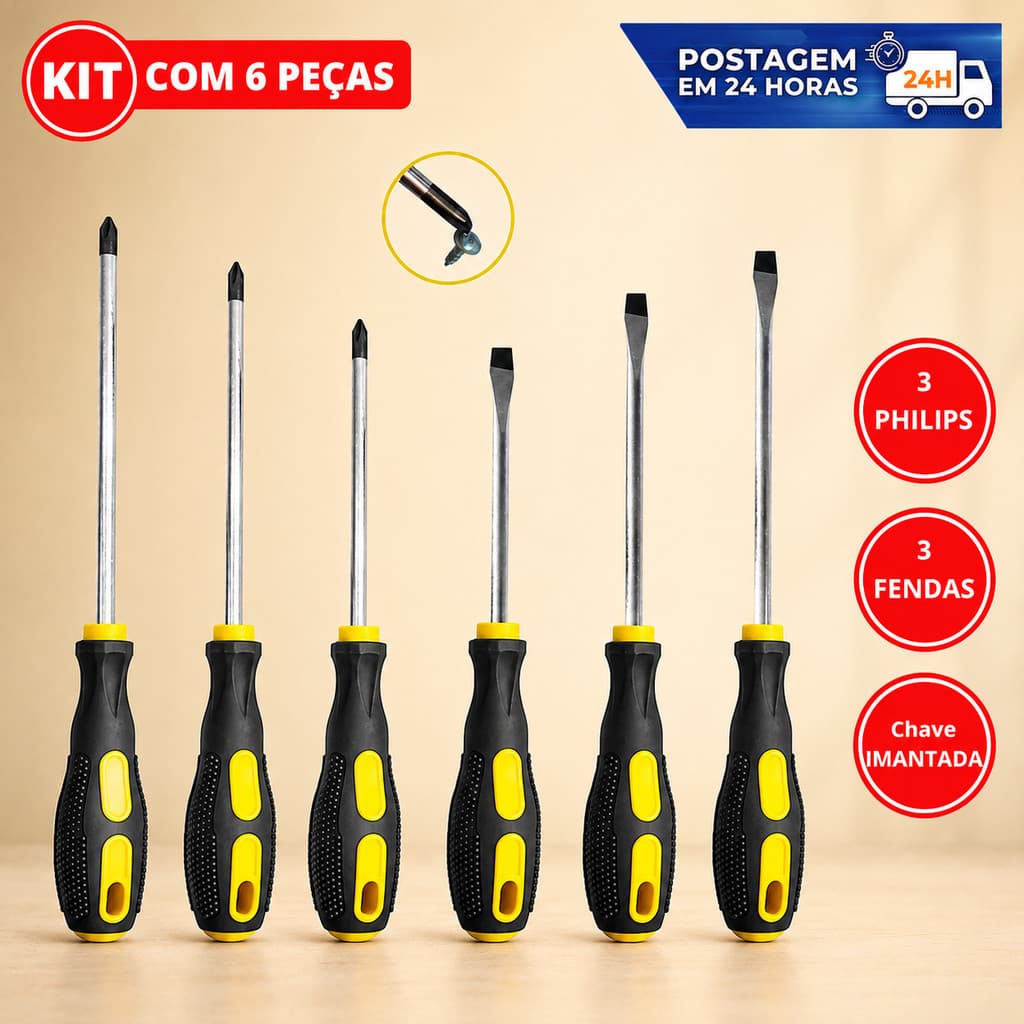 Jogo De Chaves De Fenda E Philips 6 Peças em Aço pontas imantadas Cabo emborrachado pronta entrega