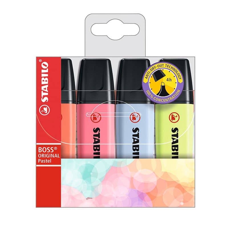 Pincel marca texto Boss Pastel 70/4-3 estojo com 4 cores Stabilo