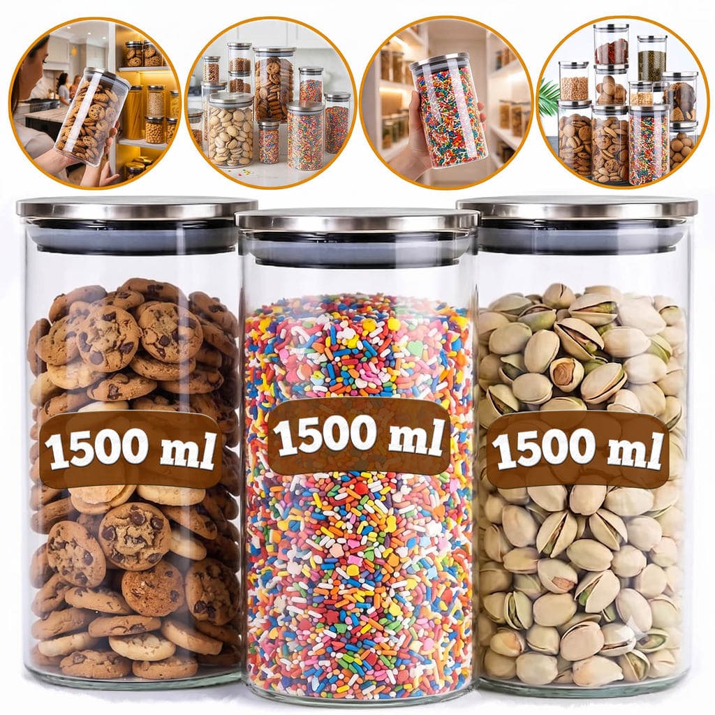 Potes de Vidro Redondo 1500ml Premium Hermético Liso Tampa Inox Anti Umidade Organizador de Cozinha