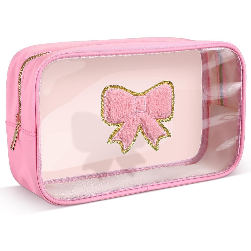 Kacctyen Pink Bow Clear Makeup Bag Coquette Pink Bow Travel Toiletry Preppy Cosmetic Bag Travel Organizer Trendy Portabl