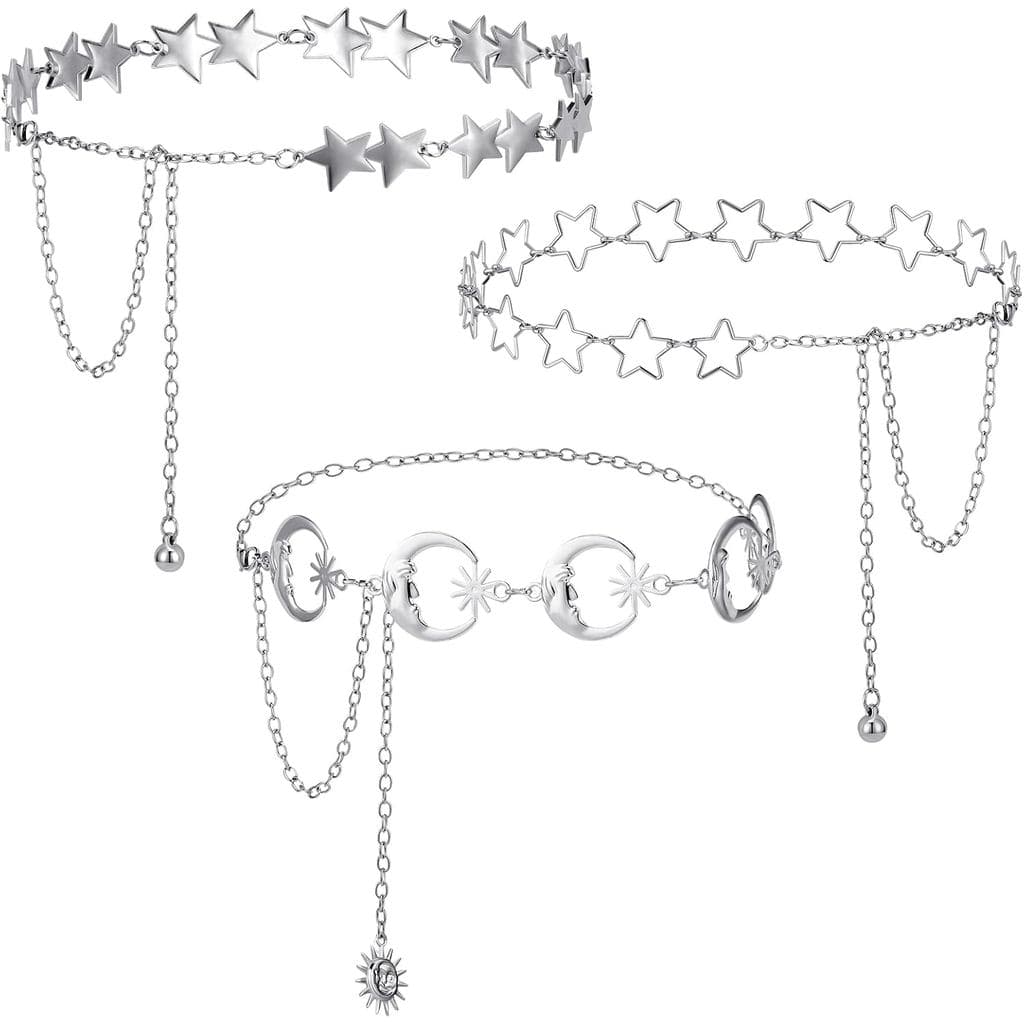 JATEBI 3 Peças Cinto de Cintura Feminino com Corrente de Metal Prateada em Forma de Estrela, Cintos de Corrente de Múlti