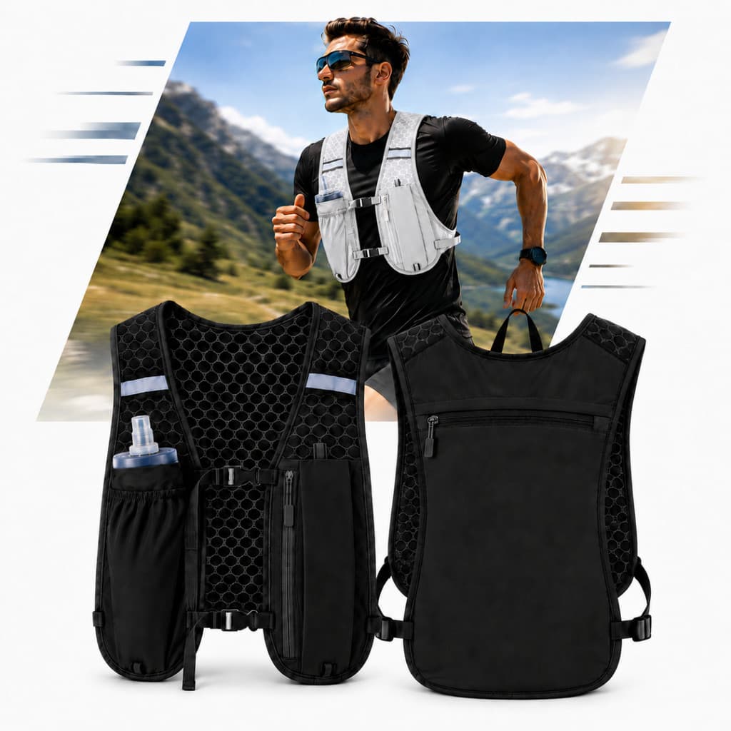 Colete de Hidratação Corrida com Porta Garrafa Celular Bolsos Refletivo Respirável Esportivo