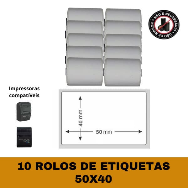 Etiquetas Adesivas 50x40 para Mini Impressora - 10 Rolos