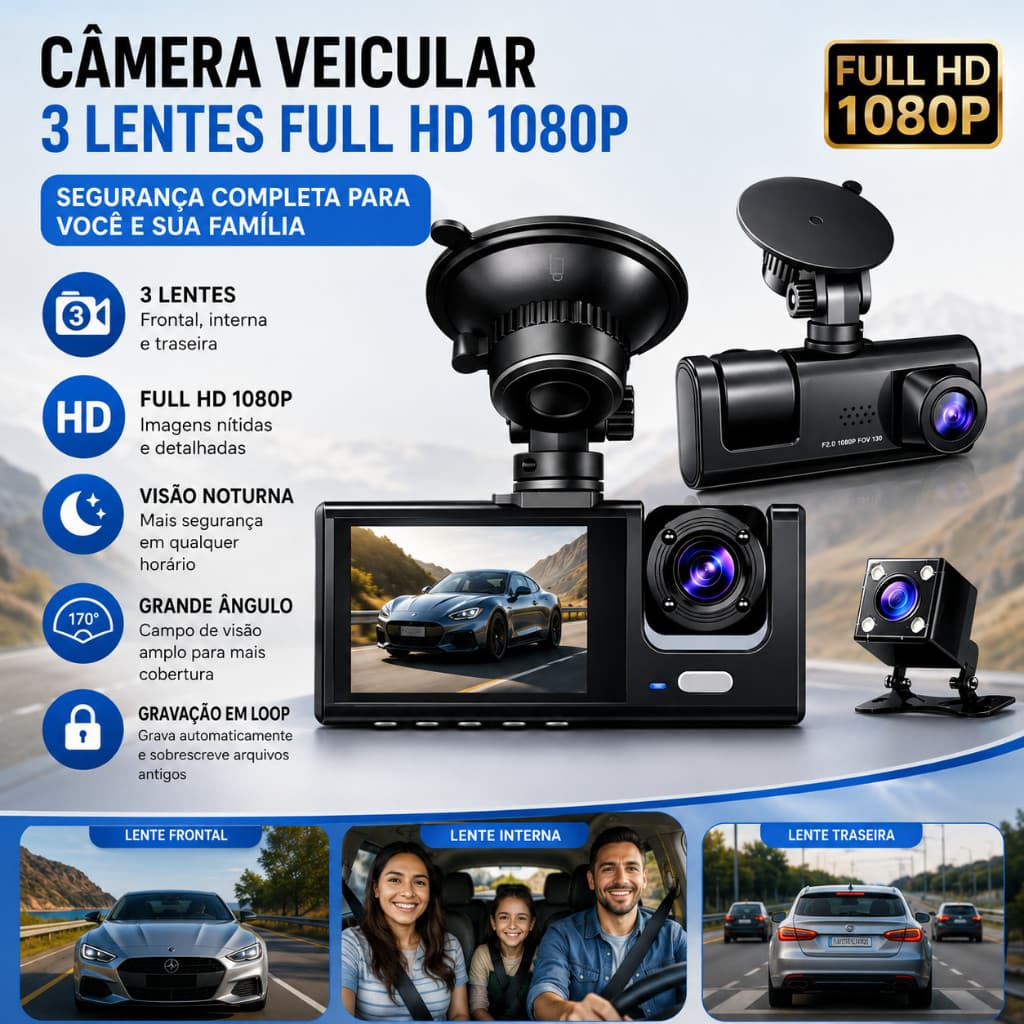 Câmera Veicular Full HD 1080p 3 Lentes (Frontal + Interna + Traseira) com Tela LCD | DVR Automotivo com  orbittashop