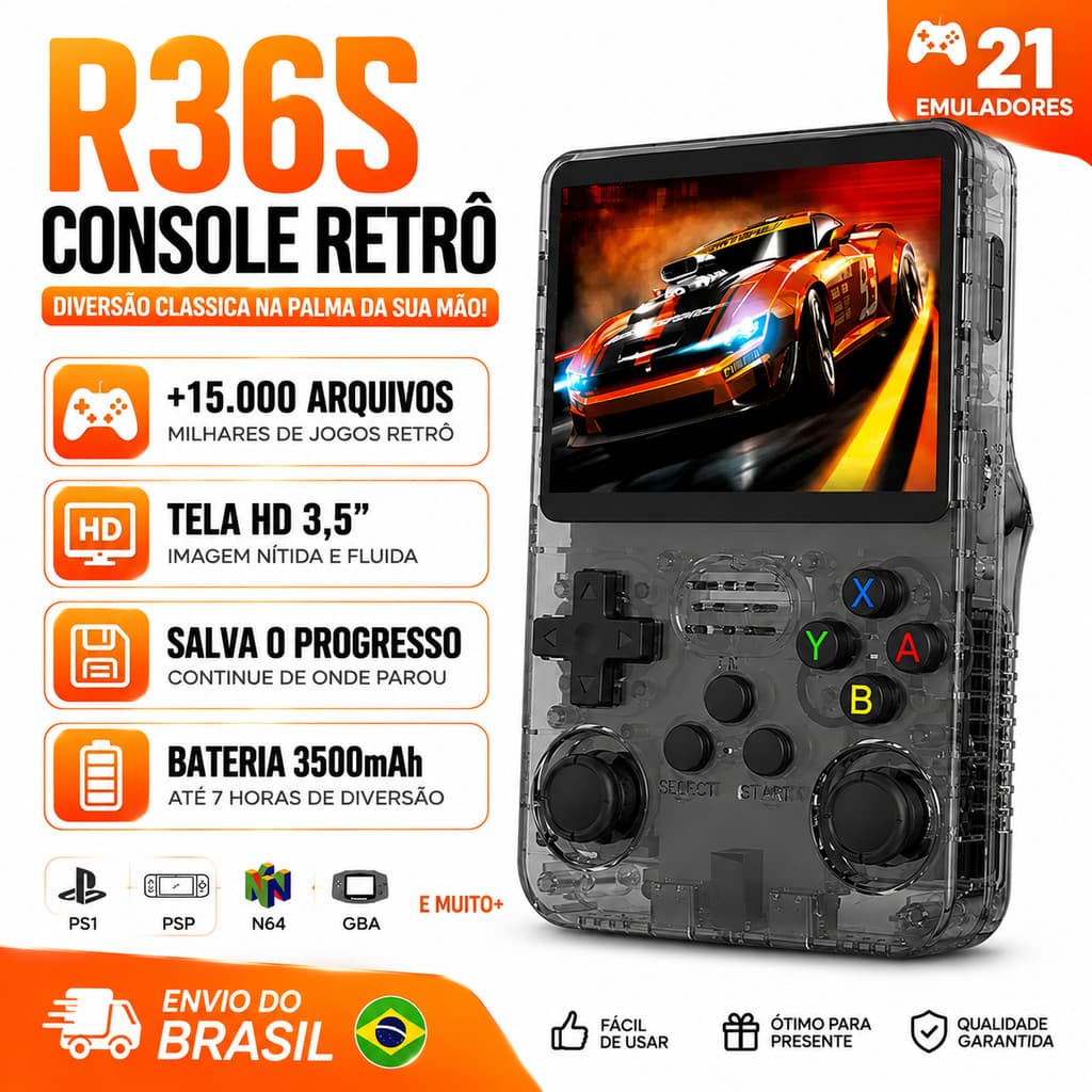 R36S Console Portátil com 15,000 Jogos Vídeo Game 64g Arkos Tela IPS 3,5 Pol Presentes Meninos