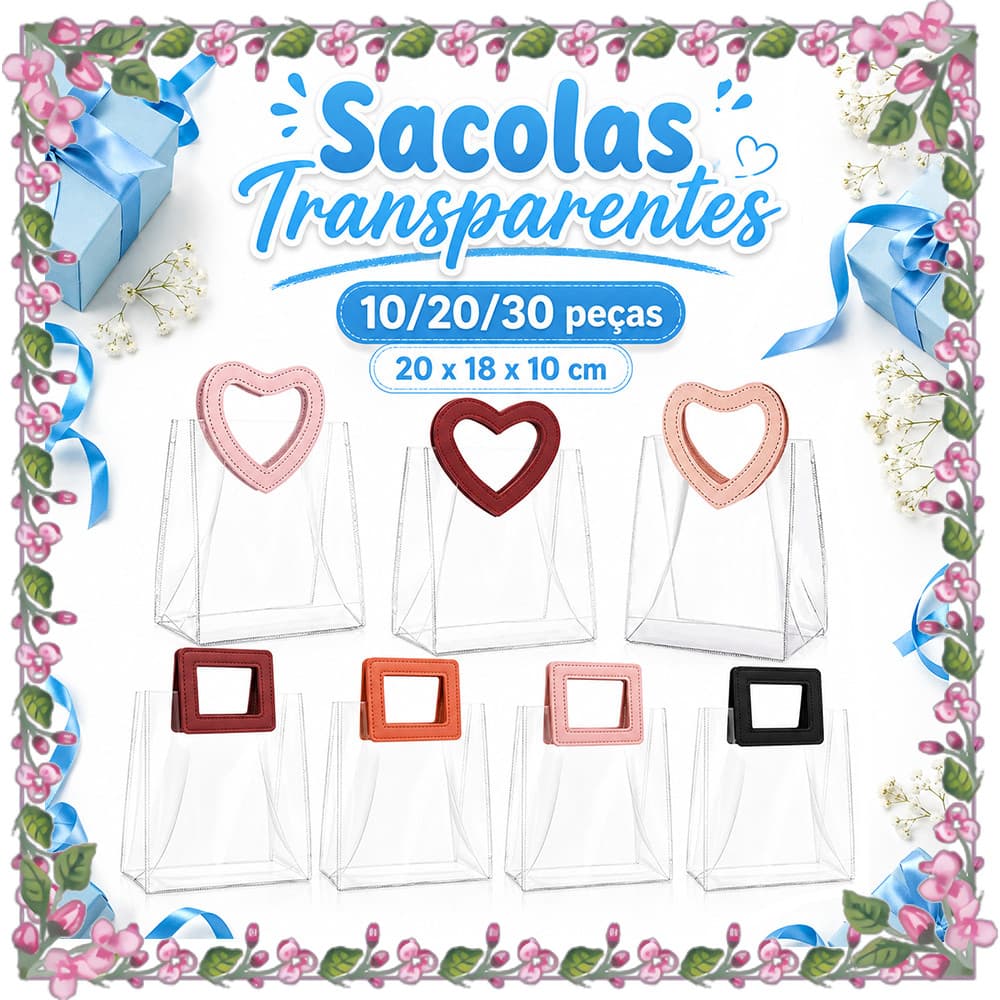 18 x 10 x 20 cm Sacolas Transparentes 10/20/30 Peças Reutilizáveis com Alça de Coração e Quadrada para Celebrações