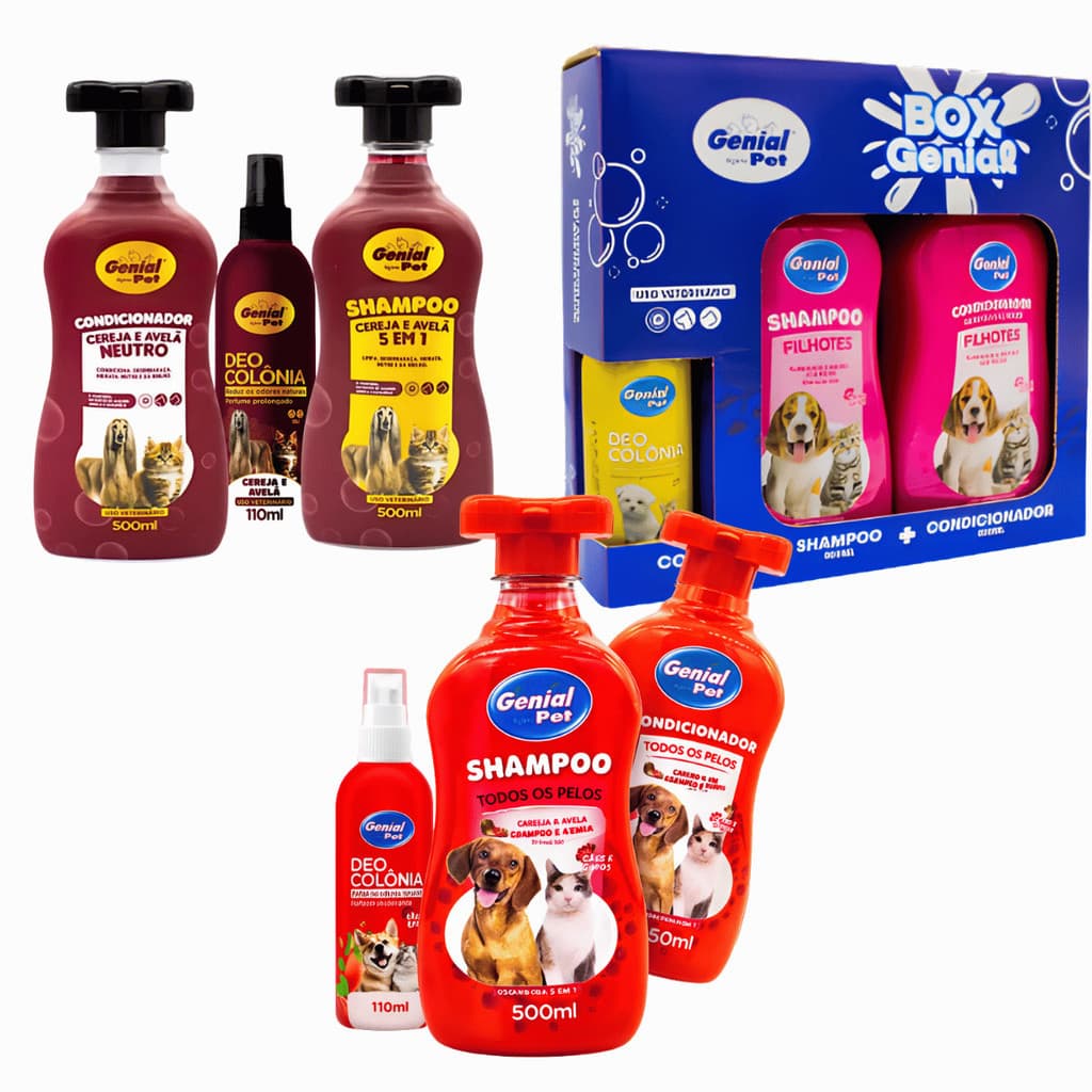 Kit shampoo 500ml +condicionador 500ml + colônia 110ml Pet Genial Filhote/Morango/Cereja e Avelã Shampoo