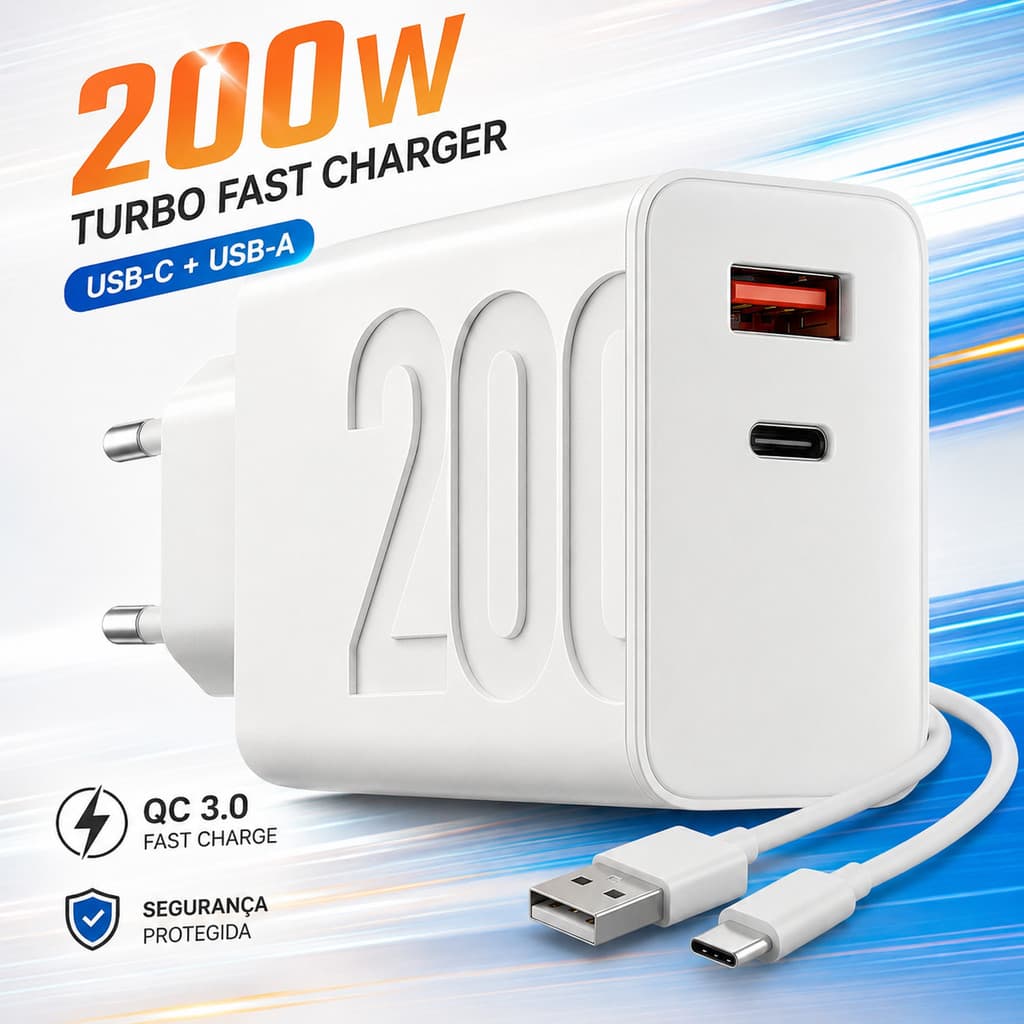 Carregador Turbo 200W USB-C + USB-A QC 3.0 Power Delivery Compatível Xiaomi – Super Rápido