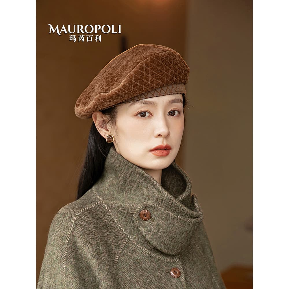 Boina retrô cor café francesa feminina outono inverno moda xadrez temperamento pintor chapéu 2026 novo estilo rosto pequ