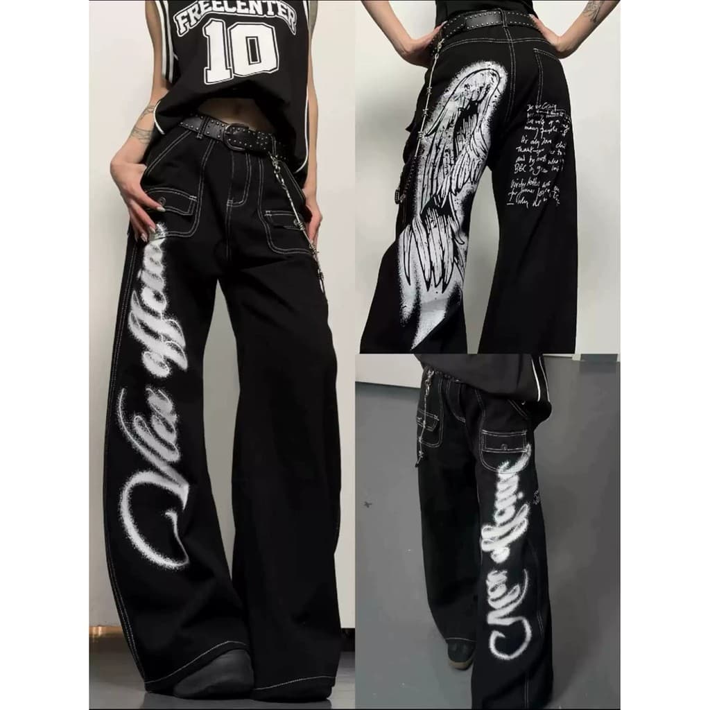 American Light Asian High Street Wings Impresso Graffiti Linha Aberta Machete Jeans Homens Mulheres Soltas Perna Larga A