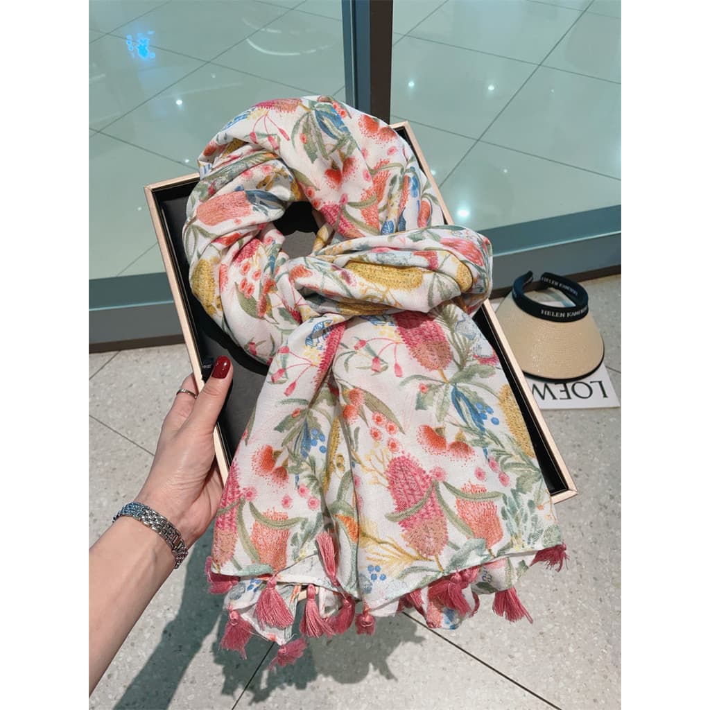 Flor colorida lenço de seda feminino primavera verão viagem beira-mar protetor solar grande xale outono fino algodão lin