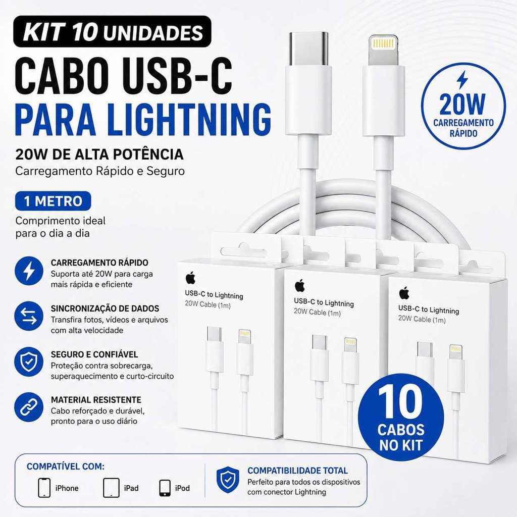 Kit 10 Cabos USB para Lightning 2M, Cabo para iPhone iPad iPod, Carregamento e Sincronização de Dados