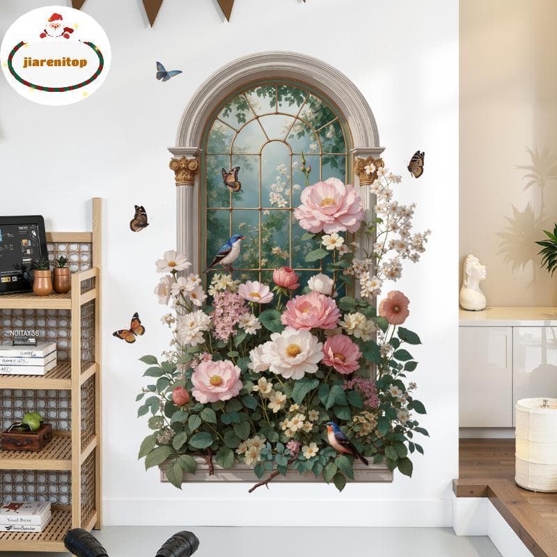 jiarenitop Janela Arqueada Floral Parede Stier Borboleta Pássaro Auto-Adesivo Removível Decoração De Para Quarto Sala De