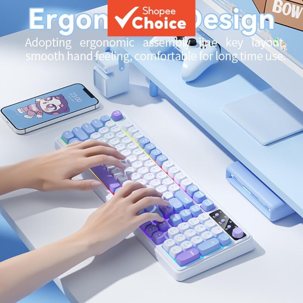 Teclado gamer com iluminação RGB, teclado gamer para computador e laptop, recarregável, com conexão tripla