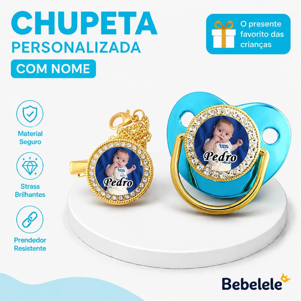 Chupeta de bebê em formato plano, personalizada com nome/foto, acompanha chupeta/clipe/corrente/fecho. Chupeta personali