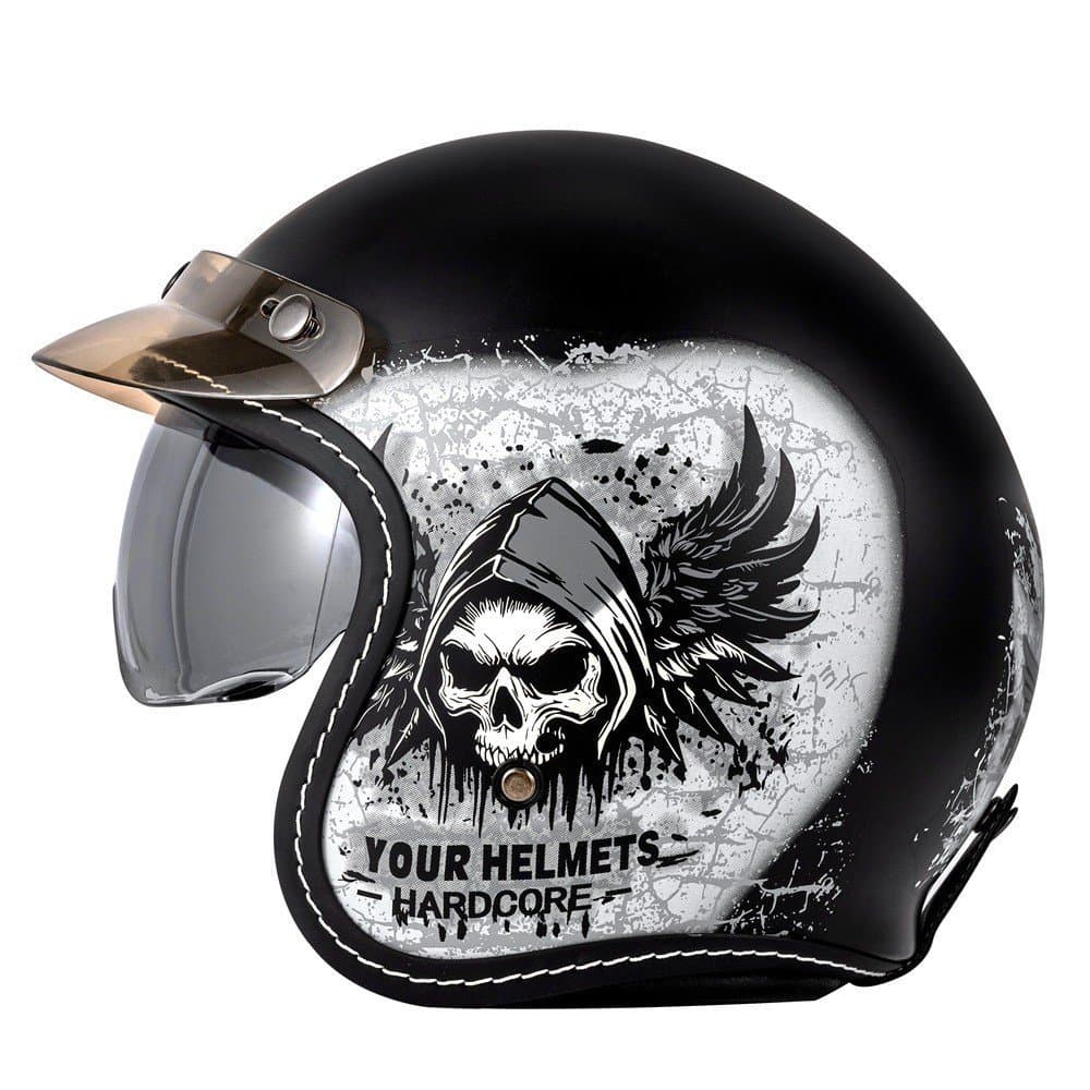 Entrega imediata de capacete de motocicleta com viseira transparente e lentes pretas, capacete de motocicleta vintage cr