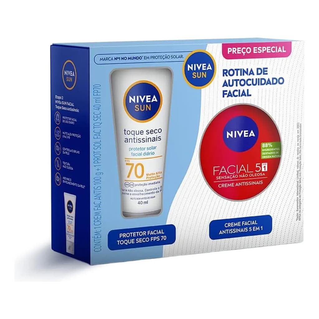 Kit Rotina De Autocuidado Facial Com Protetor Solar Toque Seco FPS70 40ml Creme Antissinais 5 Em 1 100g Nivea