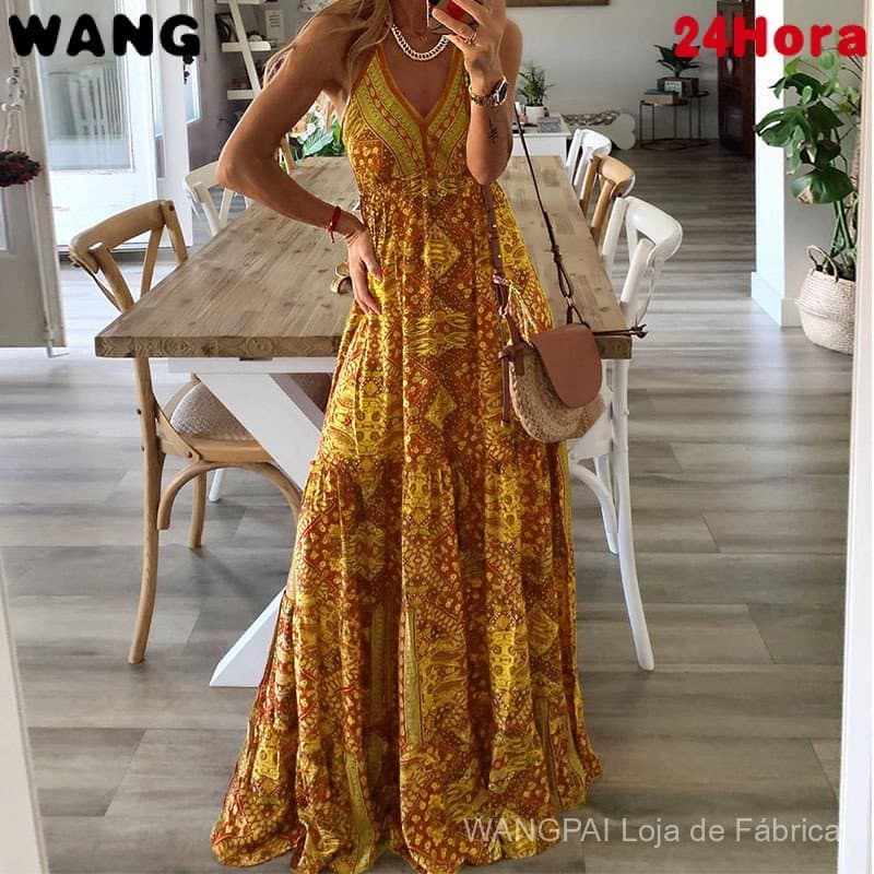 Vestido Longo Feminino com Estampa Boêmia e Decote em V com Alças