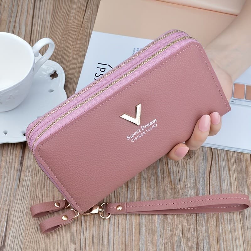 Bolsa de moedas feminina, carteira com zíper duplo, Slot para vários cartões, grande capacidade, carteira feminina elega