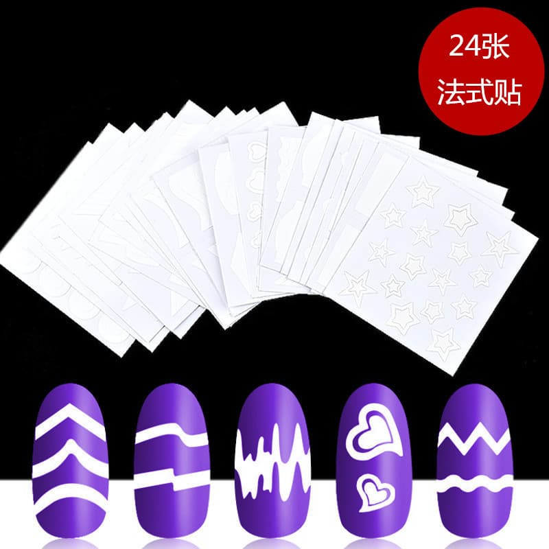 Manicure 24 peças estilo misto adesivos franceses sorriso adesivos linhas de unhas onda crescente amor coração auxiliar