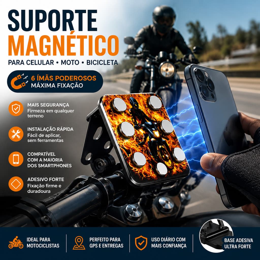Suporte Celular Magnético Moto 6 Ímãs Universal Ultra Forte Alta Velocidade