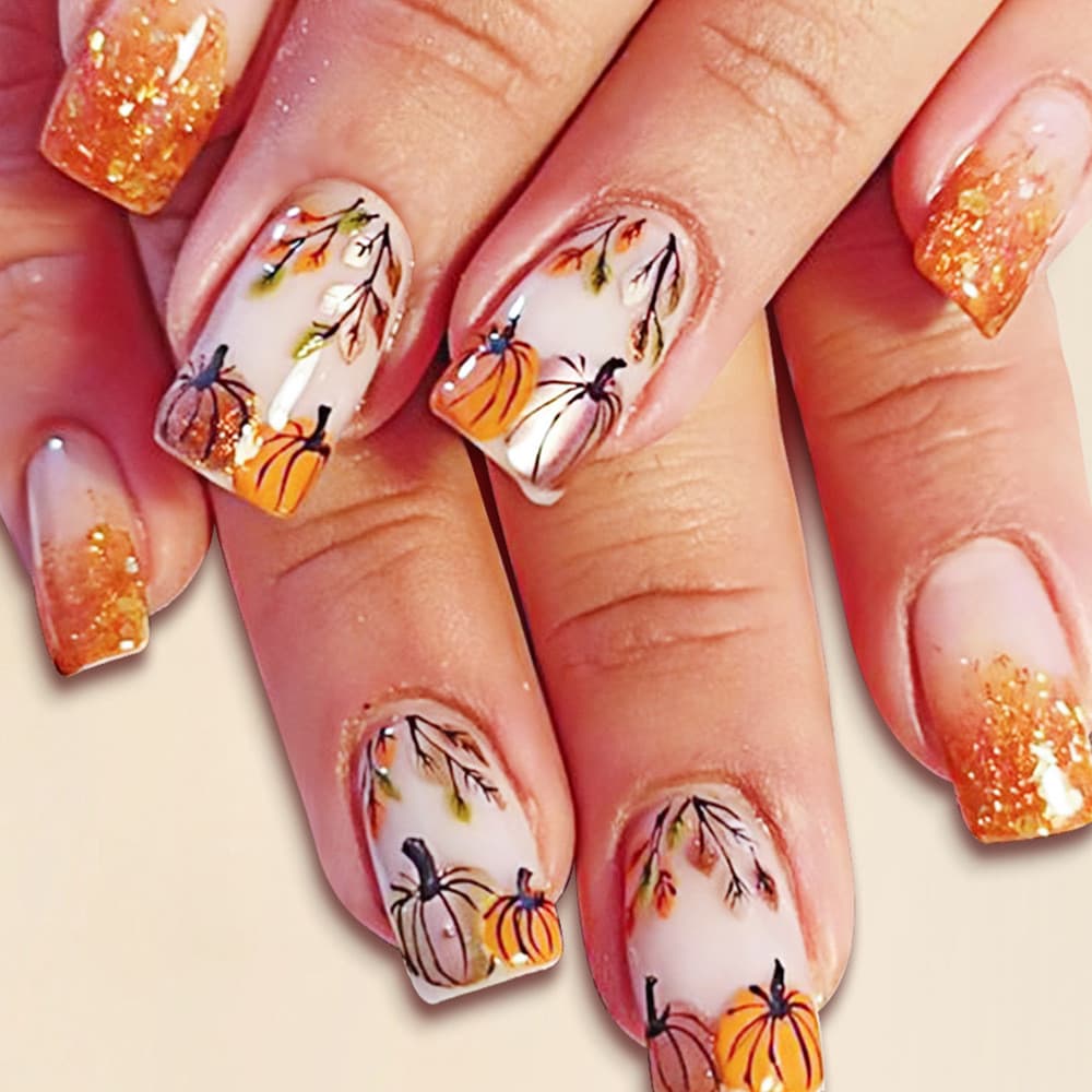 24 unhas curtas, brilhantes, usáveis no outono e inverno, estilo francês, com glitter de abóbora, unhas postiças decorat