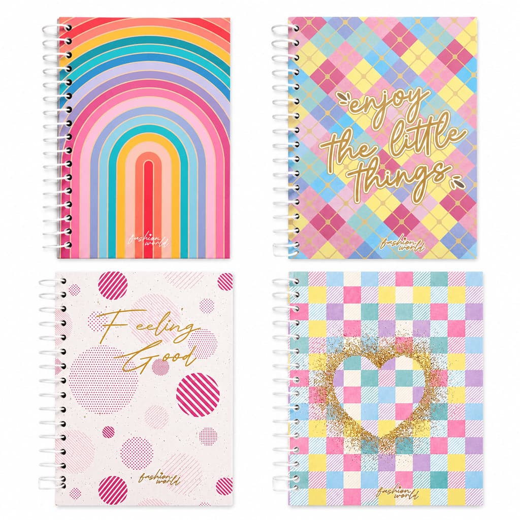 Caderneta 1/8 (100 x 137mm) Fashion World - Capa Dura Espiral 96 Folhas
