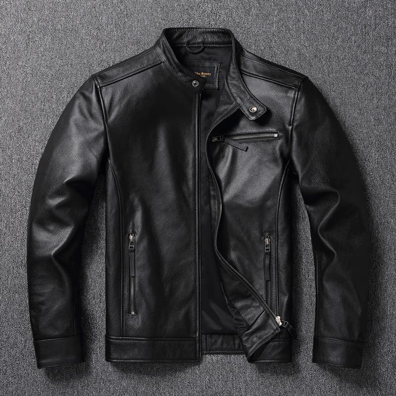 Novo estilo Pick-up primeira camada jaqueta de couro genuíno masculino fino-ajuste gola alta couro curto