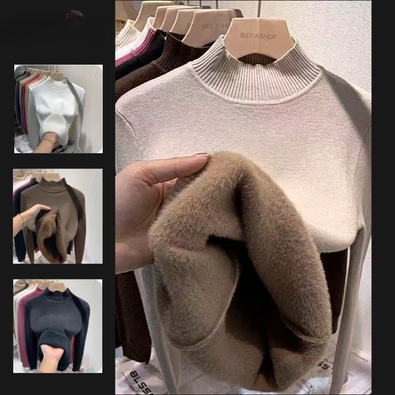 Uma peça de lã meia gola alta camisola feminina outono inverno novo estilo forro de lã engrossado camisola moda