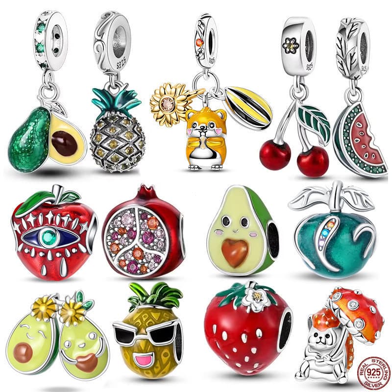 Contas de Charme Originais, Pingente de Prata S925, Contas de Morango, Cereja e Abacate, Adequadas para Fazer Pulseiras