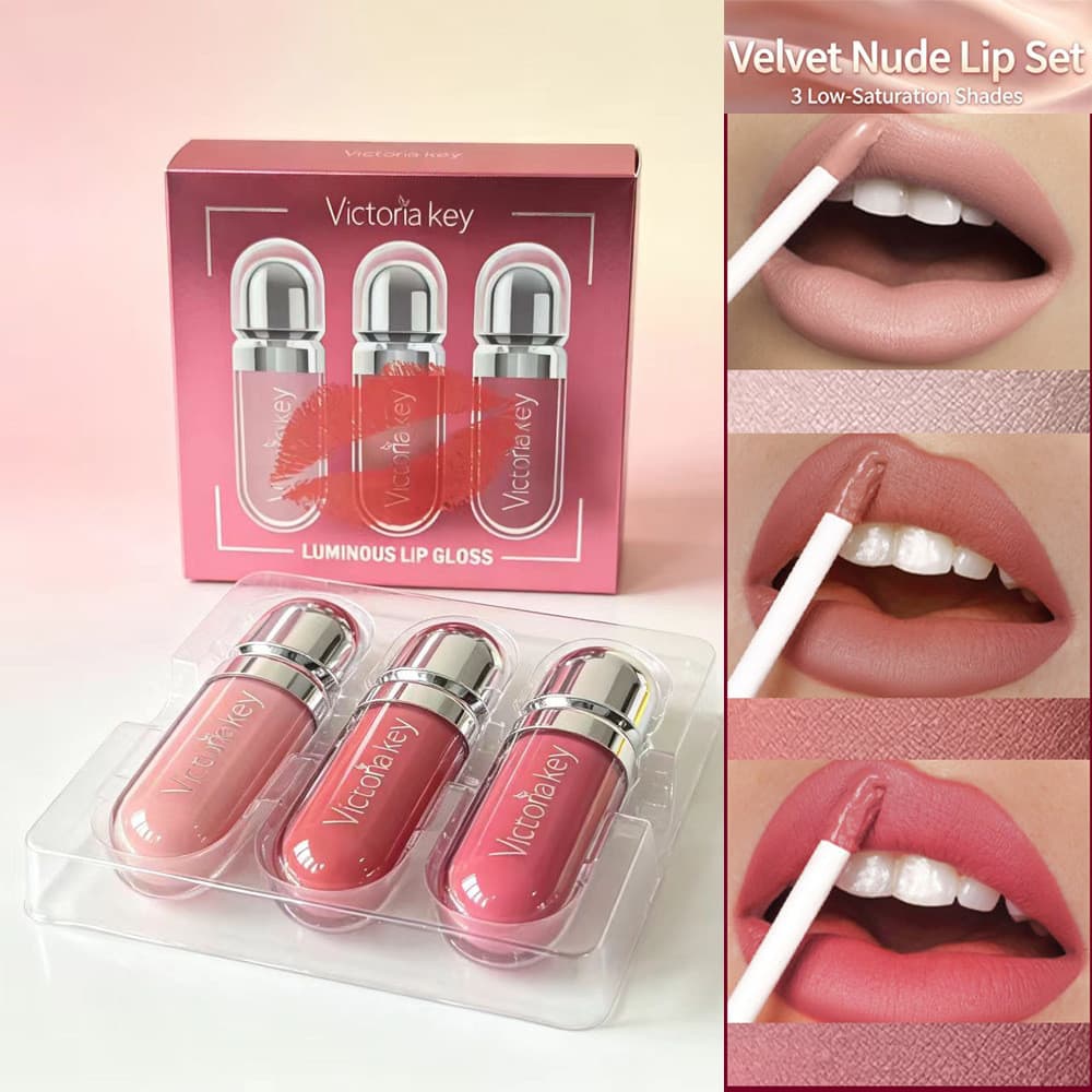 Conjunto de batom matte e gloss labial, fácil de aplicar, não transferível, 3 glosses labiais.