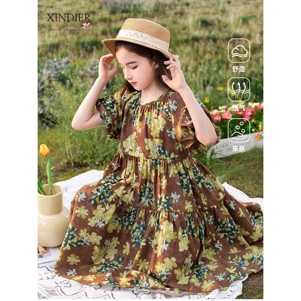 Meninas vestido de verão 2024 novo estilo moda Retro manga curta vestido flor menina doce vestido de princesa vestido de