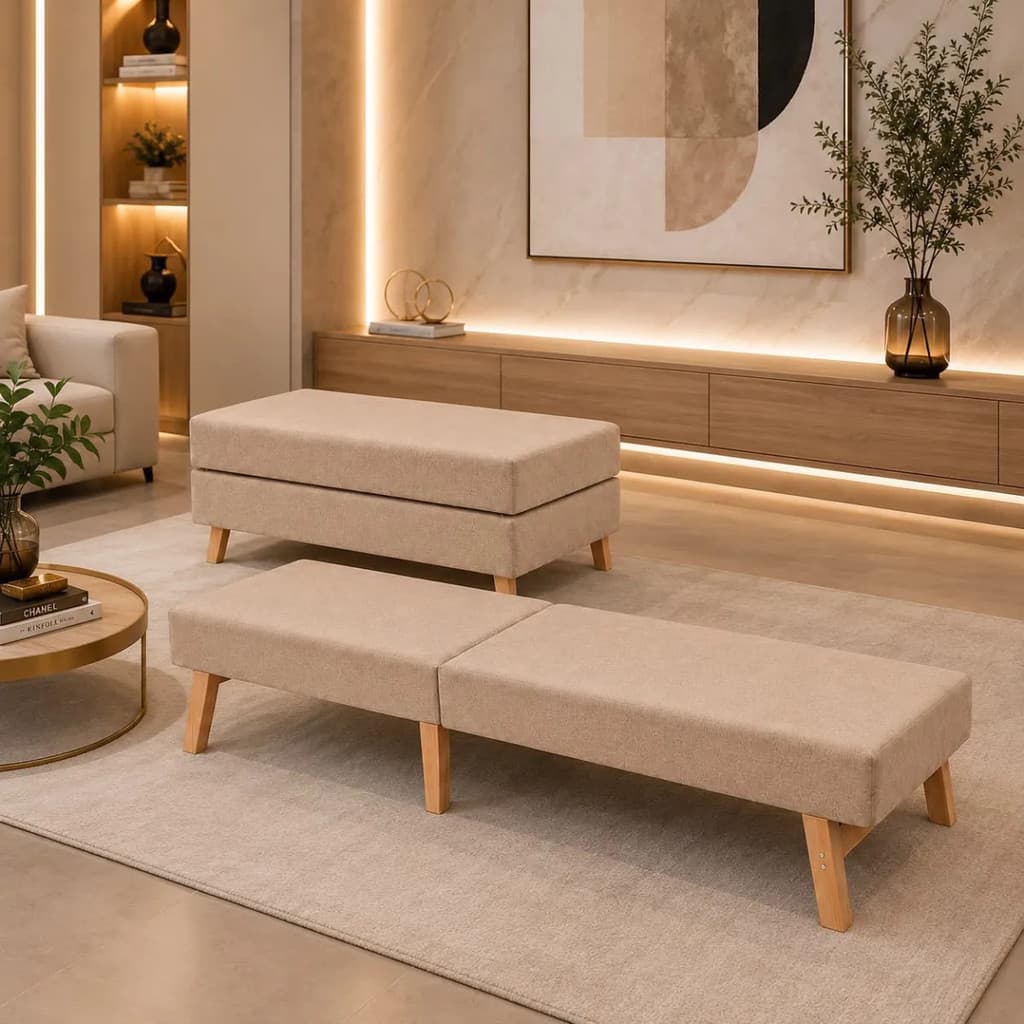 Cama Dobrável Portátil Solteiro 170x60 Suede Pés Madeira Bege 2 Em 1 Conforto Premium