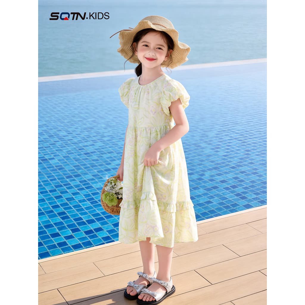 Meninas vestido de verão 2026 novo estilo moda grande crianças meninas manga Puff verão vestido de princesa crianças ves