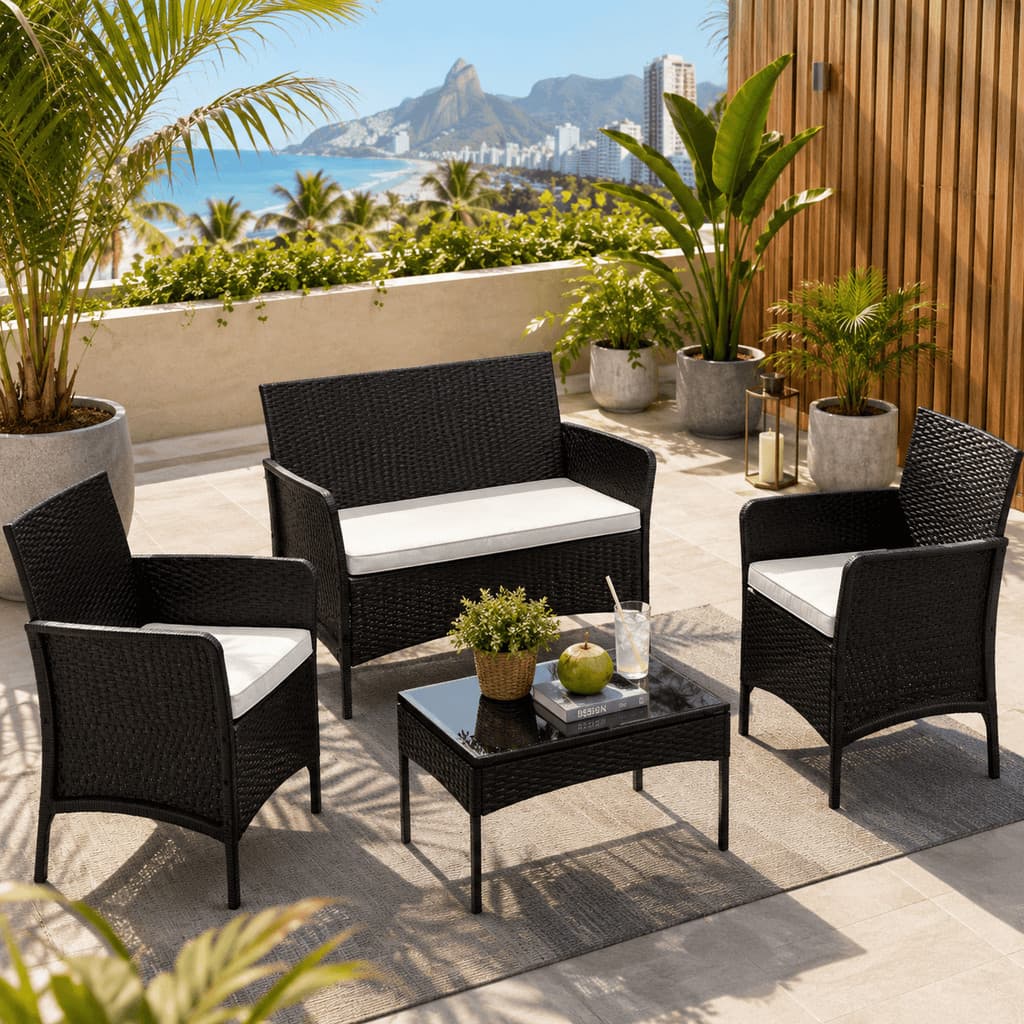 Conjunto de Sofá 4 Lugares Para Jardim Área Externa PP Rattan