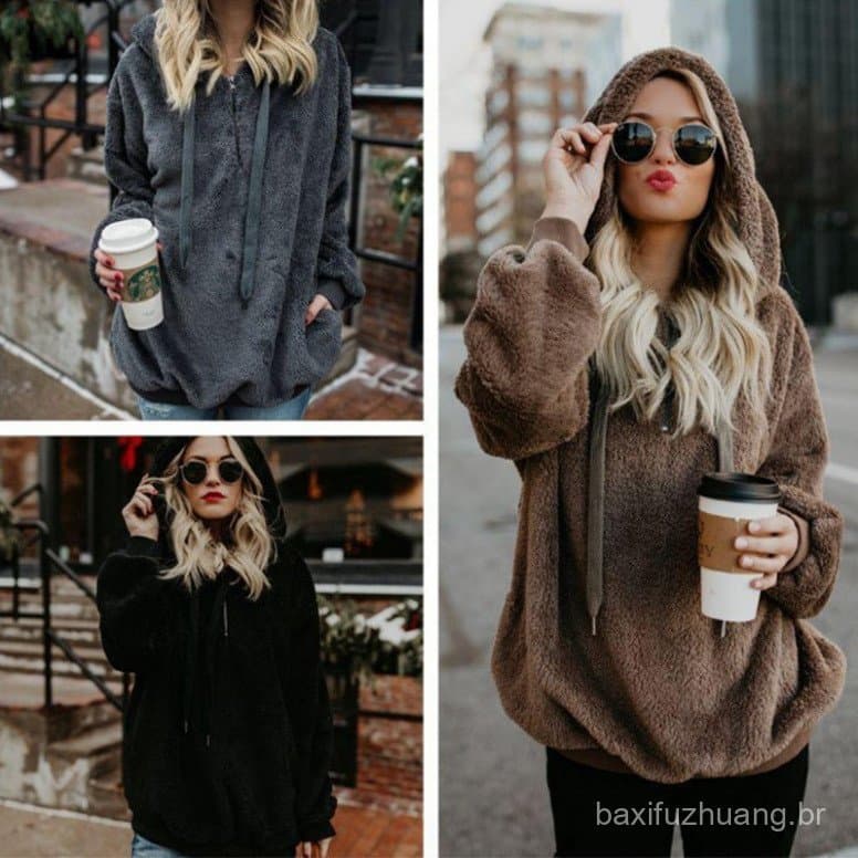 Cross-Border europeu americano outono inverno novo estilo de pelúcia feminino manga comprida com capuz solto moletom cam