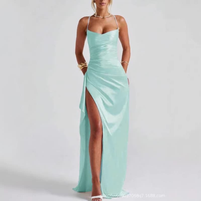 Feminino novo estilo elegante moda cor sólida alça de ombro fenda longa sem alças vestido feminino