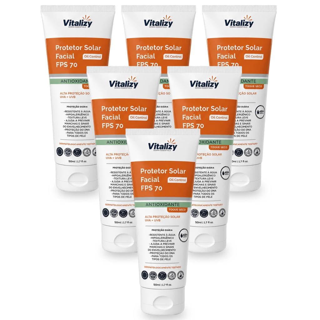 Kit 6x50ml Protetor Solar Facial FPS 70 Oil Control Antioxidante Toque Seco Alta Proteção Solar UVA UVB Vitalizy