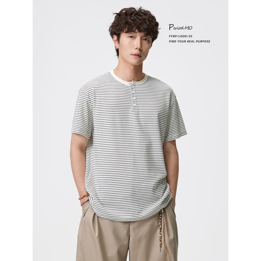 FYRP Momo Verão Preguiçoso Velho Dinheiro Estilo Henry Collar Listrado Camiseta de Manga Curta Homens Mulheres High-End