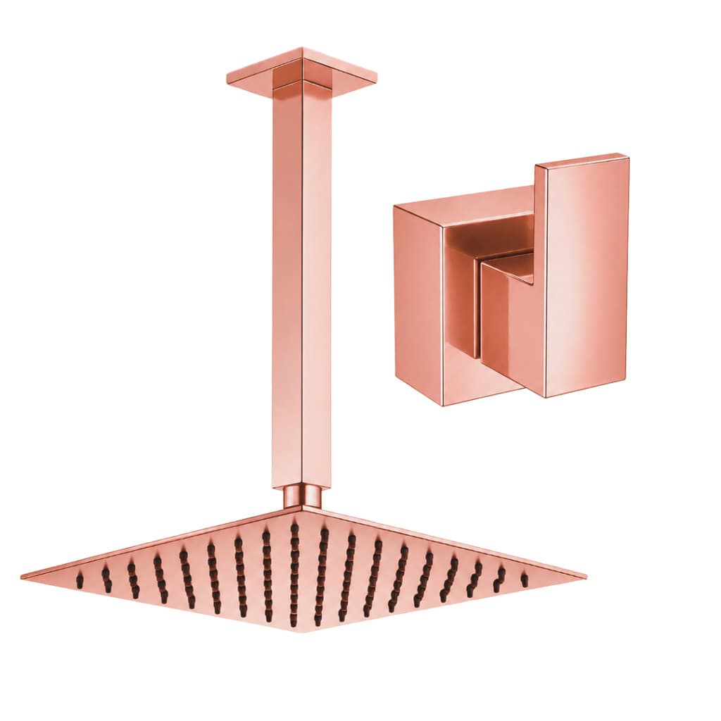 Kit Ducha Quadrada 20x20 Slim de teto + 1 Acabamento para Registro base deca Alavanca de 1/2 ou 3/4 Rose-Gold Brilhante