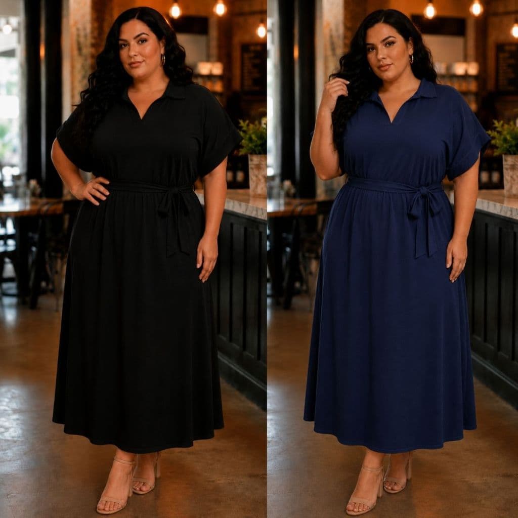 Vestido Plus Size  Moda Evangélica Midi Kit Dois Feminino Chemise Com Faixa Gola VCasual Social