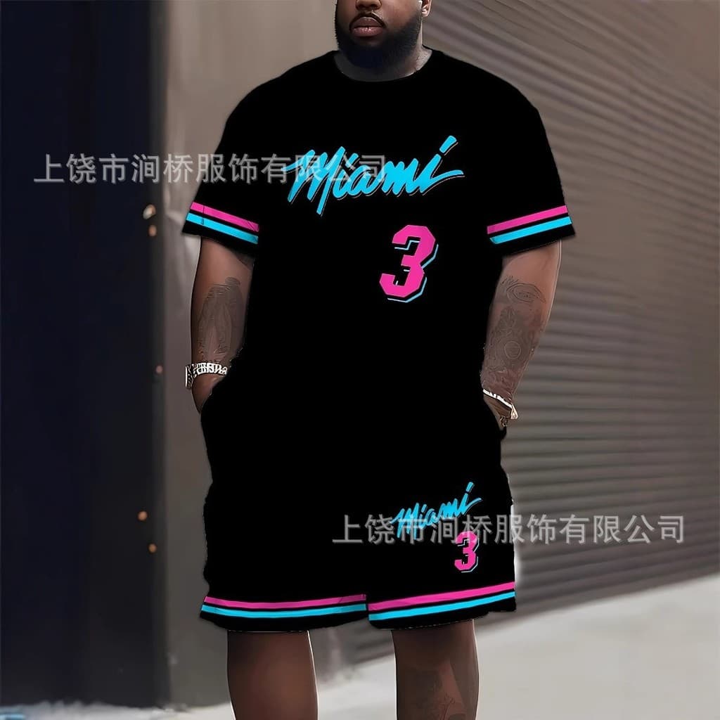 Calções esportivos personalizáveis com estampa, terno casual masculino preto Miami 3D.