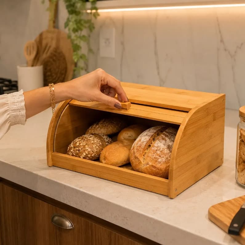 Porta Pão Bambu Com Tampa Retrátil Cesta Para Pães E Bolos