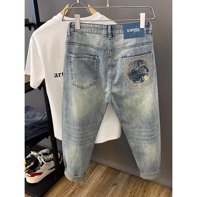 Calças masculinas verão novo estilo Jeans bordados masculino fino-ajuste mais magro olhar calças magras masculinas de al